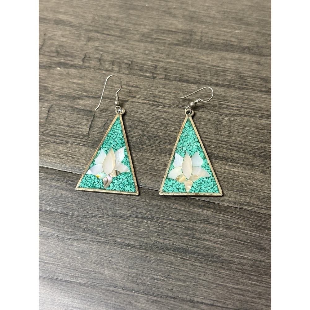 Turquoise and Abalone Flower Mosaic Pierced Dangle Earrings Triangle Mexico 2.5"